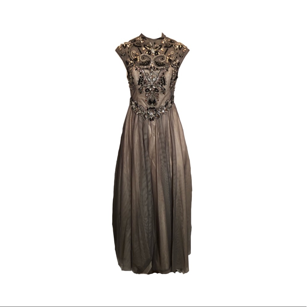 Masquerade high sheer neck full length gown